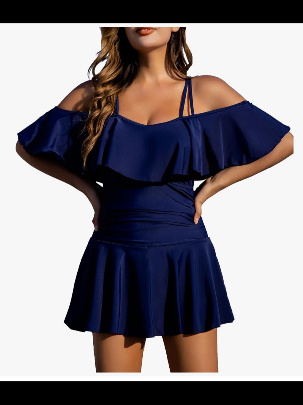 NWOT Cocopear Navy Cold-Shoulder Ruffle Swim Dress